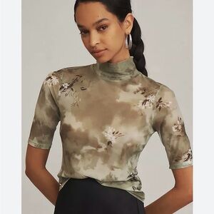 Anthropologie Mesh Olive Floral Short Sleeve Top
